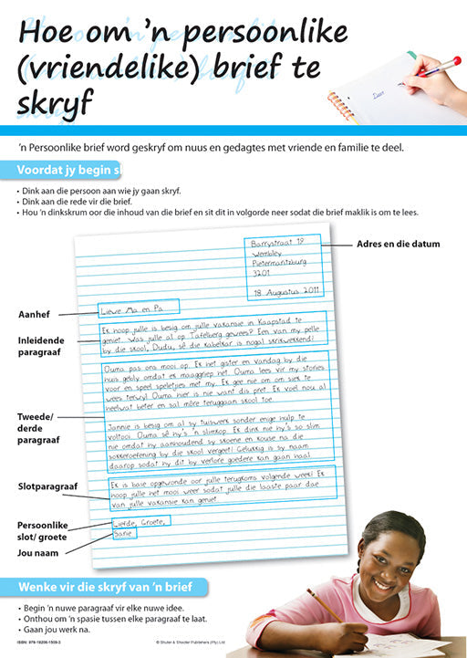 Chart: How To Write A Personal Letter (Afrikaans) A2 ISBN/SKU: 9781920615093