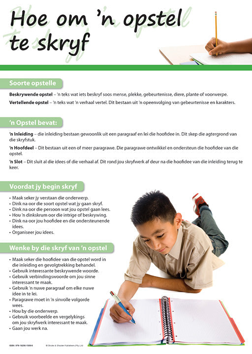 Chart: How To Write An Essay (Afrikaans) A2 ISBN/SKU: 9781920615086